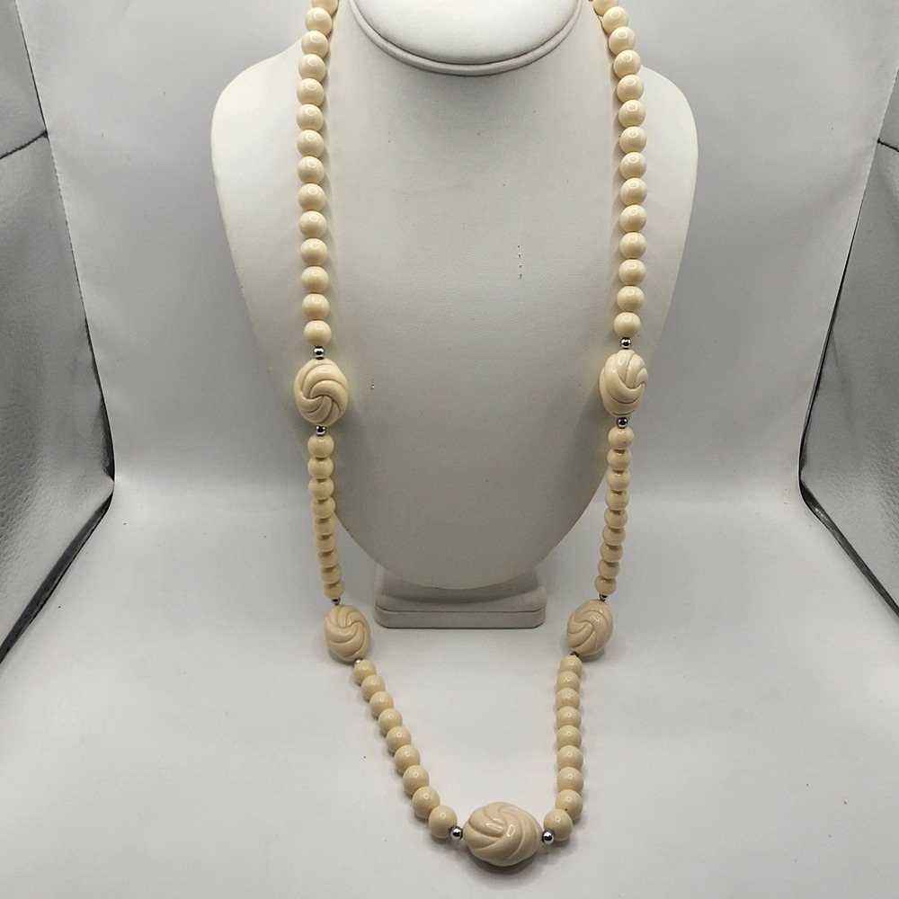 Vintage Cream Resin Bead Long Strand Necklace Carved Spiral Accent Beads Acrylic